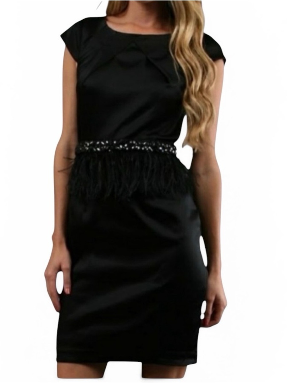 Alexia Admor Black Beaded Feather Fringe Waist Sheath Dress Size Large NWT
